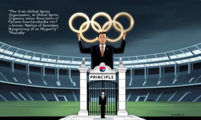 Ilustrasi simbolik menggambarkan organisasi olahraga dunia yang berjarak dari realitas kemanusiaan, sementara Indonesia berdiri teguh menjaga prinsip.