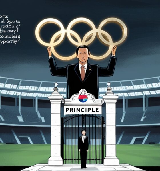 Ilustrasi simbolik menggambarkan organisasi olahraga dunia yang berjarak dari realitas kemanusiaan, sementara Indonesia berdiri teguh menjaga prinsip.