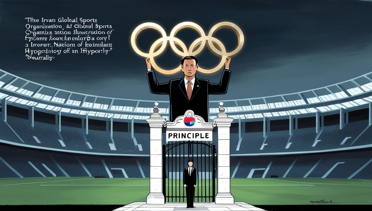 Ilustrasi simbolik menggambarkan organisasi olahraga dunia yang berjarak dari realitas kemanusiaan, sementara Indonesia berdiri teguh menjaga prinsip.