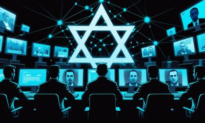 Ilustrasi pasukan medsos Israel digambarkan sebagai sosok bayangan di balik layar komputer yang mengendalikan opini global melalui jaringan digital bercahaya biru berbentuk bintang Daud.