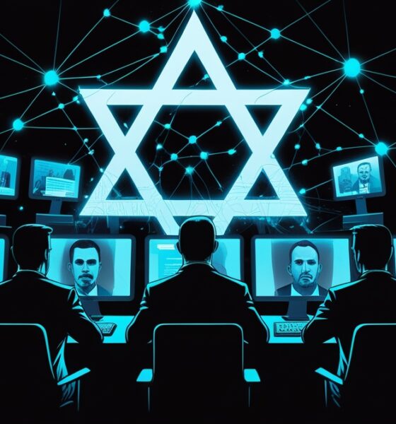 Ilustrasi pasukan medsos Israel digambarkan sebagai sosok bayangan di balik layar komputer yang mengendalikan opini global melalui jaringan digital bercahaya biru berbentuk bintang Daud.
