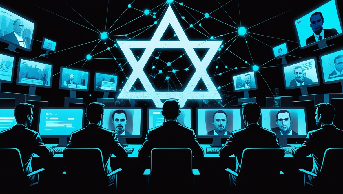 Ilustrasi pasukan medsos Israel digambarkan sebagai sosok bayangan di balik layar komputer yang mengendalikan opini global melalui jaringan digital bercahaya biru berbentuk bintang Daud.