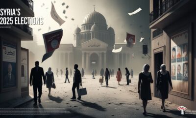 Symbolic illustration of Syria’s 2025 elections, empty streets, few posters, citizens confused, flawed democracy.