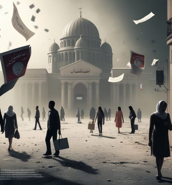 Symbolic illustration of Syria’s 2025 elections, empty streets, few posters, citizens confused, flawed democracy.