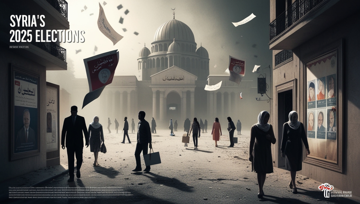 Symbolic illustration of Syria’s 2025 elections, empty streets, few posters, citizens confused, flawed democracy.
