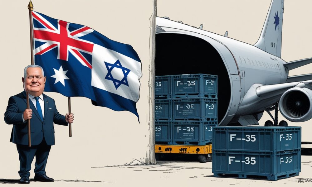 Ilustrasi editorial satir menggambarkan pejabat Australia memegang bendera Palestina di depan, sementara di belakangnya peti suku cadang jet tempur F-35 dikirim ke Israel.