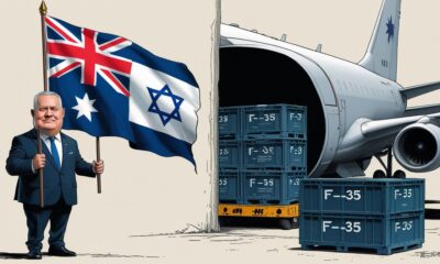 Ilustrasi editorial satir menggambarkan pejabat Australia memegang bendera Palestina di depan, sementara di belakangnya peti suku cadang jet tempur F-35 dikirim ke Israel.
