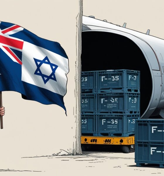 Ilustrasi editorial satir menggambarkan pejabat Australia memegang bendera Palestina di depan, sementara di belakangnya peti suku cadang jet tempur F-35 dikirim ke Israel.