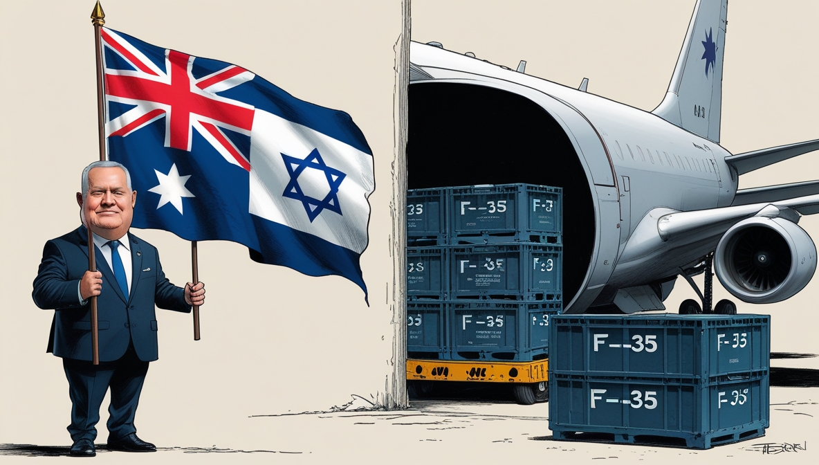 Ilustrasi editorial satir menggambarkan pejabat Australia memegang bendera Palestina di depan, sementara di belakangnya peti suku cadang jet tempur F-35 dikirim ke Israel.