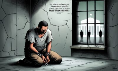 Ilustrasi editorial simbolik tentang tahanan Palestina yang menderita dalam kesunyian penjara, sementara dunia memilih diam.