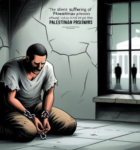 Ilustrasi editorial simbolik tentang tahanan Palestina yang menderita dalam kesunyian penjara, sementara dunia memilih diam.