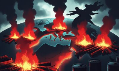 Ilustrasi editorial peta Timur Tengah dengan Iran dan Israel digambarkan sebagai bara merah yang siap menyulut api perang, dikelilingi jalur minyak dan bayangan kekuatan Barat.