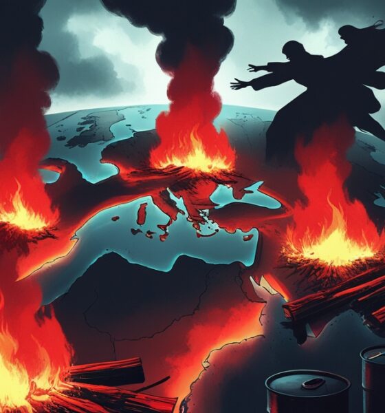 Ilustrasi editorial peta Timur Tengah dengan Iran dan Israel digambarkan sebagai bara merah yang siap menyulut api perang, dikelilingi jalur minyak dan bayangan kekuatan Barat.