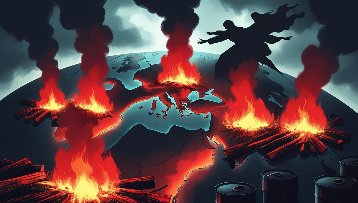 Ilustrasi editorial peta Timur Tengah dengan Iran dan Israel digambarkan sebagai bara merah yang siap menyulut api perang, dikelilingi jalur minyak dan bayangan kekuatan Barat.