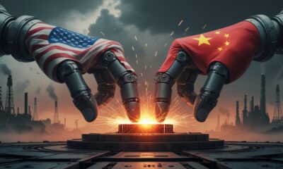 Illustration of the U.S. and China competing for technological and natural resources, symbolized by two mechanical hands—one with the American flag, the other with the Chinese flag—pulling a glowing microchip under a stormy sky.