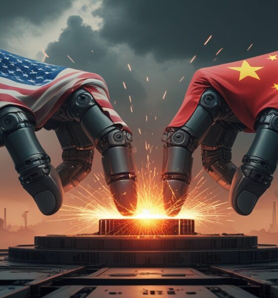 Illustration of the U.S. and China competing for technological and natural resources, symbolized by two mechanical hands—one with the American flag, the other with the Chinese flag—pulling a glowing microchip under a stormy sky.