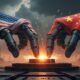 Illustration of the U.S. and China competing for technological and natural resources, symbolized by two mechanical hands—one with the American flag, the other with the Chinese flag—pulling a glowing microchip under a stormy sky.