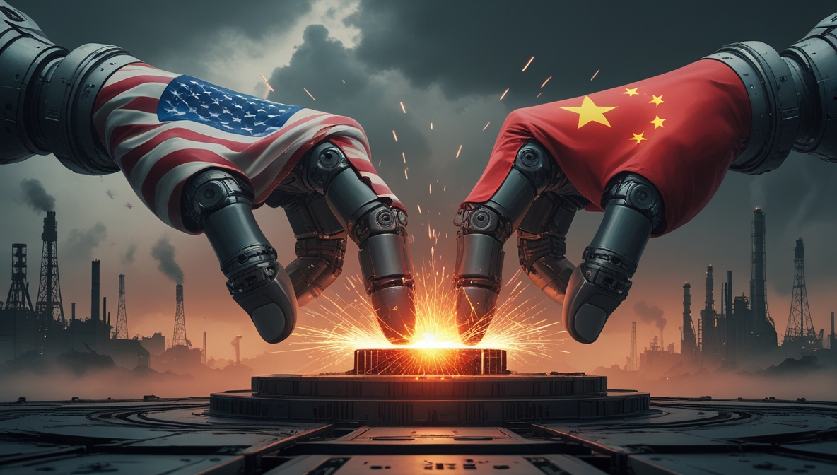 Illustration of the U.S. and China competing for technological and natural resources, symbolized by two mechanical hands—one with the American flag, the other with the Chinese flag—pulling a glowing microchip under a stormy sky.