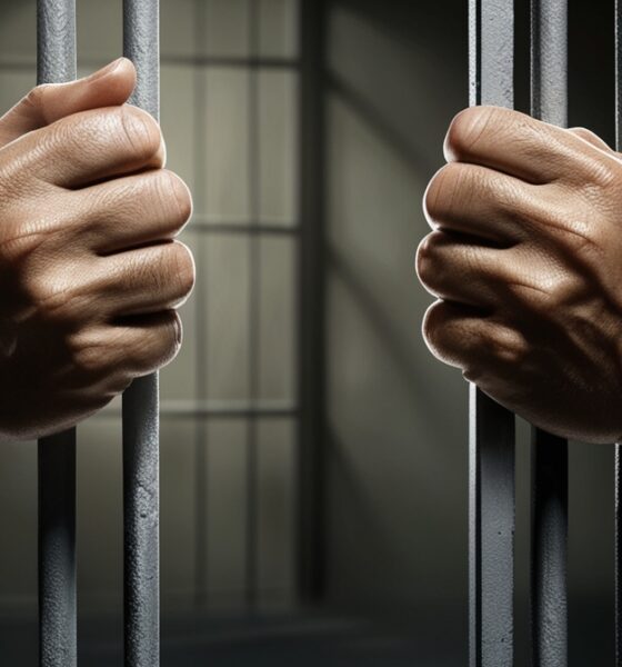 Sepasang tangan terborgol menjulur keluar dari jeruji besi, dalam pencahayaan lembut yang menyorot ketegangan dan keputusasaan tahanan Palestina.