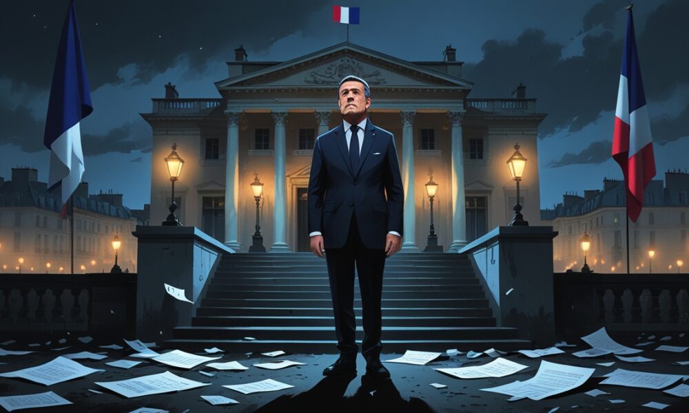 Emmanuel Macron standing in front of the Élysée Palace under dim light, symbolizing France’s political crisis and loss of direction.
