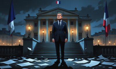 Emmanuel Macron standing in front of the Élysée Palace under dim light, symbolizing France’s political crisis and loss of direction.