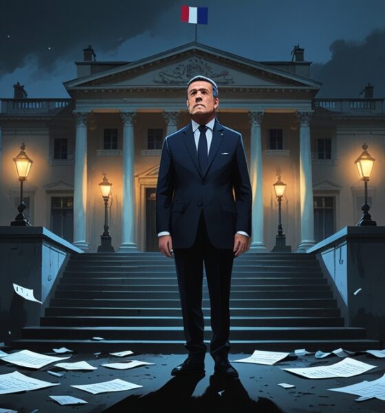 Emmanuel Macron standing in front of the Élysée Palace under dim light, symbolizing France’s political crisis and loss of direction.