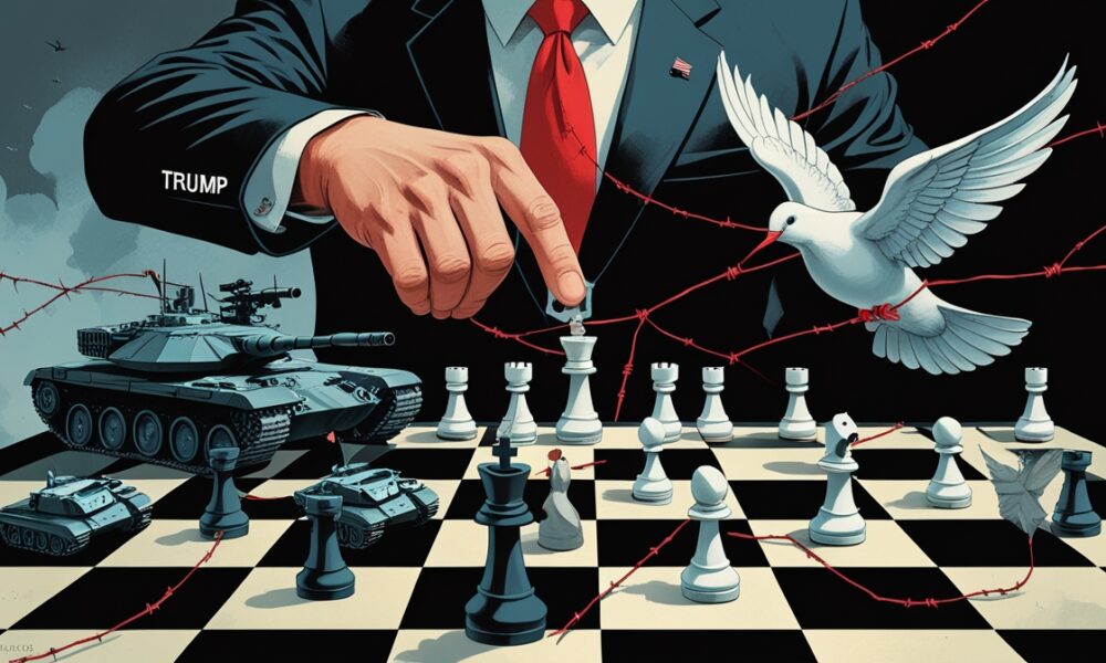 Ilustrasi editorial bergaya simbolis menampilkan papan catur dengan bidak tak seimbang, satu sisi diisi tank, drone, dan kawat berduri, sementara sisi lain hanya bidak kecil rapuh mewakili warga sipil. Sebuah tangan besar berjas dengan topeng senyum menggerakkan bidak, dan di latar belakang tampak burung merpati perdamaian yang retak sayapnya terikat benang merah.