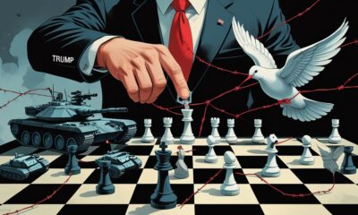 Ilustrasi editorial bergaya simbolis menampilkan papan catur dengan bidak tak seimbang, satu sisi diisi tank, drone, dan kawat berduri, sementara sisi lain hanya bidak kecil rapuh mewakili warga sipil. Sebuah tangan besar berjas dengan topeng senyum menggerakkan bidak, dan di latar belakang tampak burung merpati perdamaian yang retak sayapnya terikat benang merah.