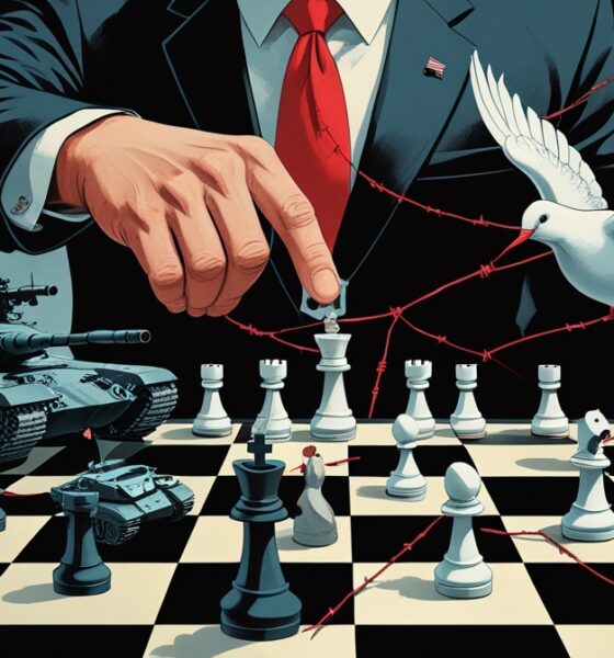 Ilustrasi editorial bergaya simbolis menampilkan papan catur dengan bidak tak seimbang, satu sisi diisi tank, drone, dan kawat berduri, sementara sisi lain hanya bidak kecil rapuh mewakili warga sipil. Sebuah tangan besar berjas dengan topeng senyum menggerakkan bidak, dan di latar belakang tampak burung merpati perdamaian yang retak sayapnya terikat benang merah.