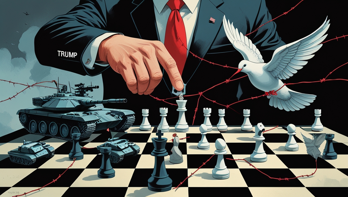 Ilustrasi editorial bergaya simbolis menampilkan papan catur dengan bidak tak seimbang, satu sisi diisi tank, drone, dan kawat berduri, sementara sisi lain hanya bidak kecil rapuh mewakili warga sipil. Sebuah tangan besar berjas dengan topeng senyum menggerakkan bidak, dan di latar belakang tampak burung merpati perdamaian yang retak sayapnya terikat benang merah.