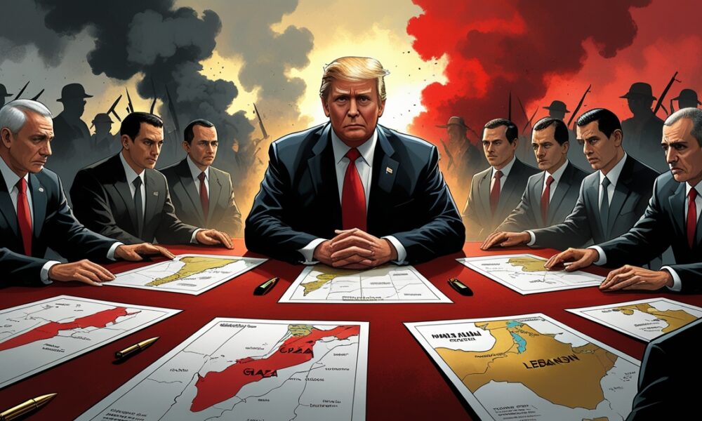 Ilustrasi editorial Donald Trump di meja negosiasi Timur Tengah dengan latar ketegangan Gaza.