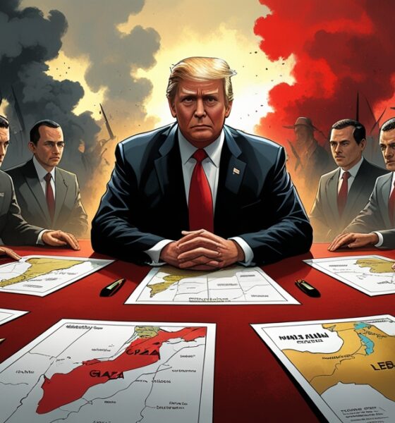 Ilustrasi editorial Donald Trump di meja negosiasi Timur Tengah dengan latar ketegangan Gaza.