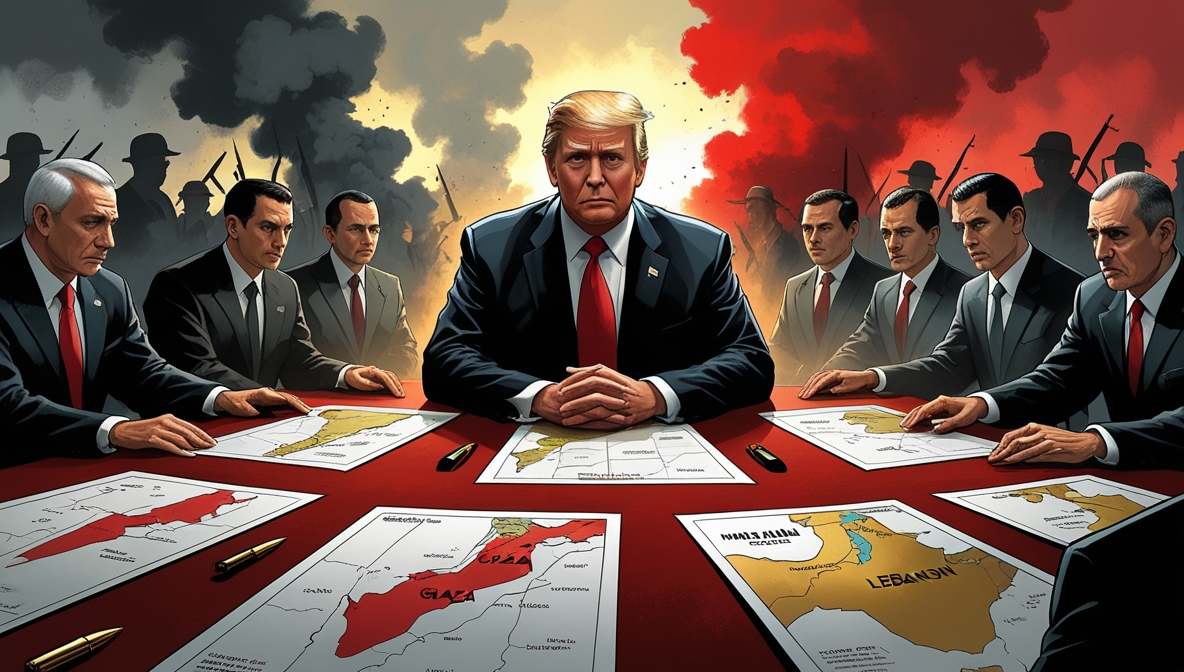 Ilustrasi editorial Donald Trump di meja negosiasi Timur Tengah dengan latar ketegangan Gaza.