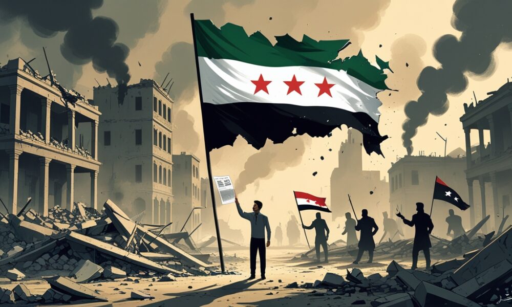 A torn Syrian flag (green, white, black with three red stars) over a ruined city, symbolizing the failed revolution.
