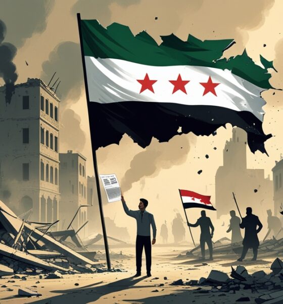 A torn Syrian flag (green, white, black with three red stars) over a ruined city, symbolizing the failed revolution.