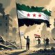 A torn Syrian flag (green, white, black with three red stars) over a ruined city, symbolizing the failed revolution.