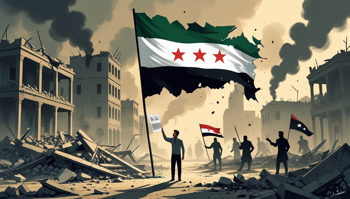 A torn Syrian flag (green, white, black with three red stars) over a ruined city, symbolizing the failed revolution.