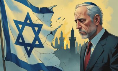 Pria Yahudi Amerika menatap bendera Israel yang retak dan memudar, melambangkan runtuhnya moral Zionis di mata komunitasnya.