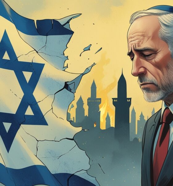 Pria Yahudi Amerika menatap bendera Israel yang retak dan memudar, melambangkan runtuhnya moral Zionis di mata komunitasnya.