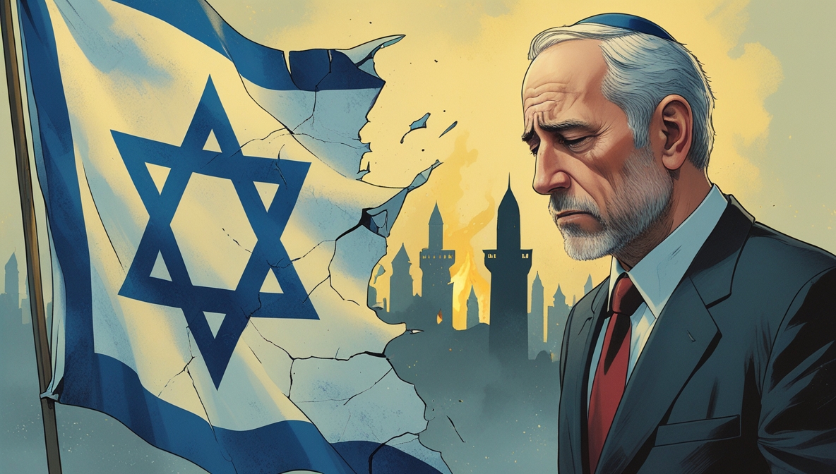 Pria Yahudi Amerika menatap bendera Israel yang retak dan memudar, melambangkan runtuhnya moral Zionis di mata komunitasnya.