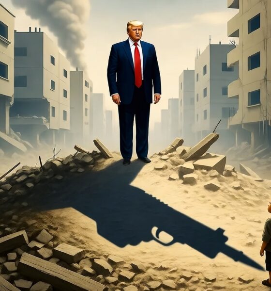 Trump’s shadow forms a gun over Gaza’s ruins.