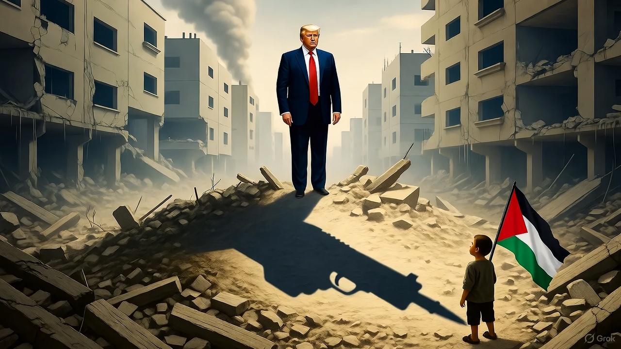 Trump’s shadow forms a gun over Gaza’s ruins.