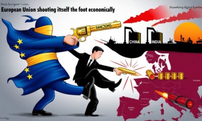 Ilustrasi editorial yang menggambarkan Uni Eropa menembak kakinya sendiri dengan pistol bertuliskan “Sanctions”, peluru memantul kembali ke arahnya, sementara Rusia, China, dan India tampak tenang di latar belakang sedang berdagang minyak — simbol kegagalan sanksi Eropa yang berbalik merugikan dirinya sendiri.
