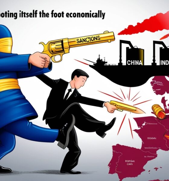Ilustrasi editorial yang menggambarkan Uni Eropa menembak kakinya sendiri dengan pistol bertuliskan “Sanctions”, peluru memantul kembali ke arahnya, sementara Rusia, China, dan India tampak tenang di latar belakang sedang berdagang minyak — simbol kegagalan sanksi Eropa yang berbalik merugikan dirinya sendiri.