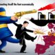 Ilustrasi editorial yang menggambarkan Uni Eropa menembak kakinya sendiri dengan pistol bertuliskan “Sanctions”, peluru memantul kembali ke arahnya, sementara Rusia, China, dan India tampak tenang di latar belakang sedang berdagang minyak — simbol kegagalan sanksi Eropa yang berbalik merugikan dirinya sendiri.