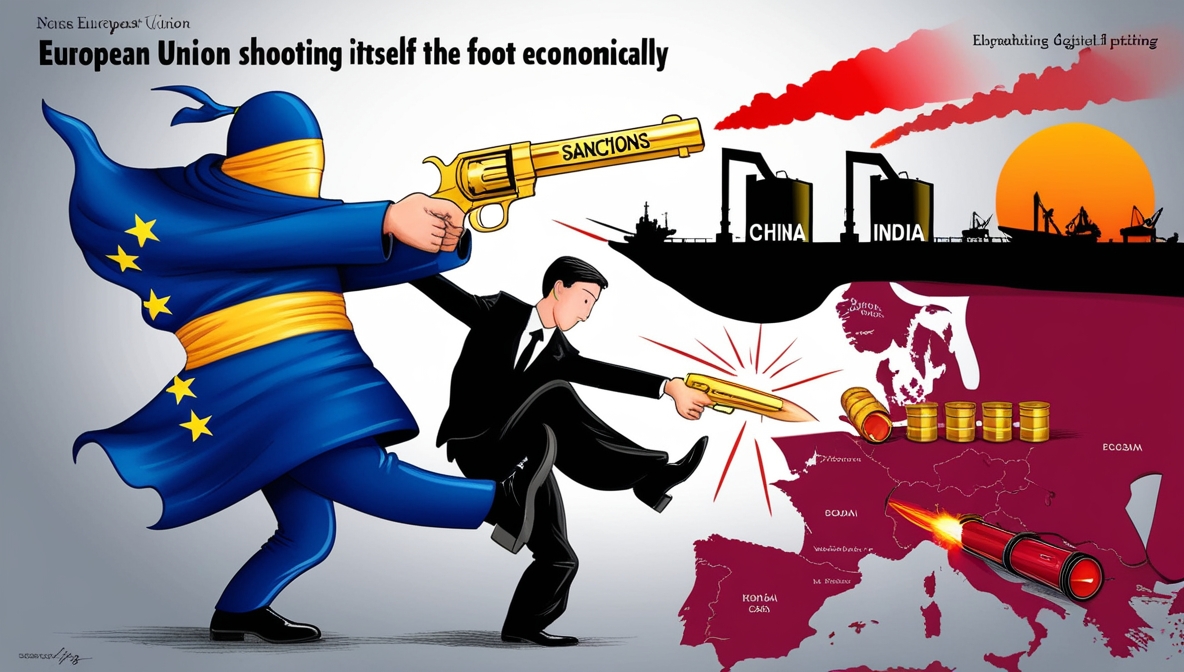 Ilustrasi editorial yang menggambarkan Uni Eropa menembak kakinya sendiri dengan pistol bertuliskan “Sanctions”, peluru memantul kembali ke arahnya, sementara Rusia, China, dan India tampak tenang di latar belakang sedang berdagang minyak — simbol kegagalan sanksi Eropa yang berbalik merugikan dirinya sendiri.