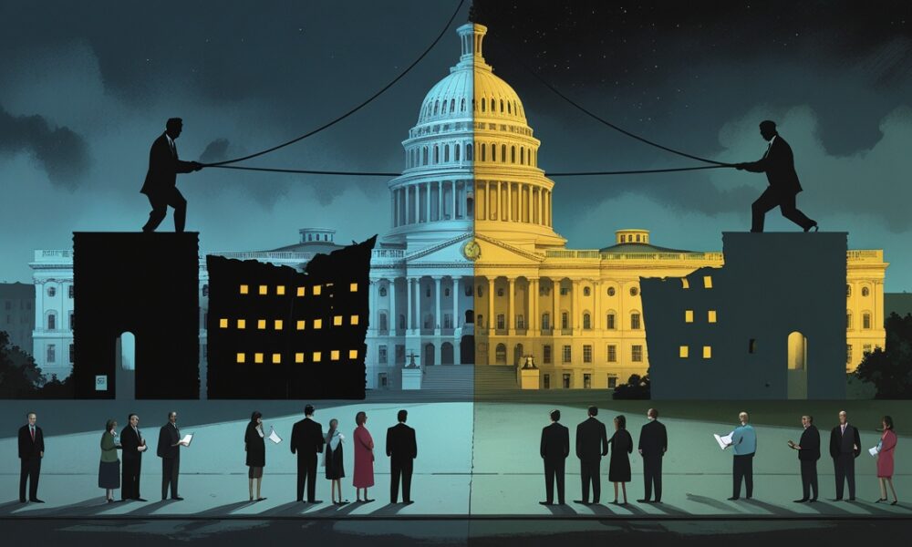 Ilustrasi editorial gedung Capitol AS setengah gelap akibat shutdown, rakyat menunggu bingung di depan, sementara bayangan politisi tarik-menarik tali di atasnya