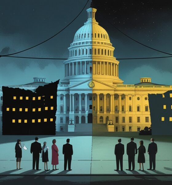 Ilustrasi editorial gedung Capitol AS setengah gelap akibat shutdown, rakyat menunggu bingung di depan, sementara bayangan politisi tarik-menarik tali di atasnya