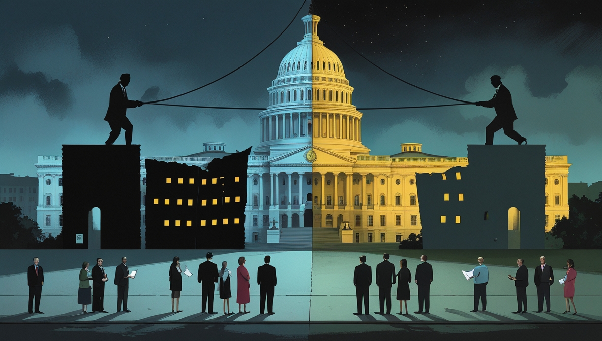 Ilustrasi editorial gedung Capitol AS setengah gelap akibat shutdown, rakyat menunggu bingung di depan, sementara bayangan politisi tarik-menarik tali di atasnya