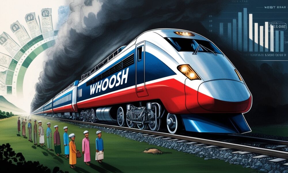 Ilustrasi editorial yang menampilkan kereta cepat 'Whoosh' melaju di atas lanskap Indonesia, sementara figur kecil warga menatap dengan cemas. Asap kereta membentuk bayangan angka utang dan dokumen pemerintah, melambangkan konsekuensi politik dan finansial proyek besar.